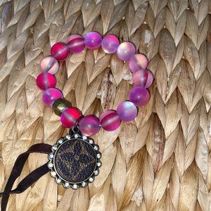 Hot Pink Moonstone Brown Leather Elastic Bracelet W/Crystal Bling Medallion